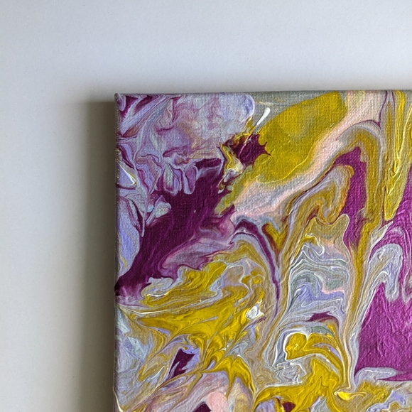 Hand Crafted Acrylic Pour Painting Yellow and Purple 10x10 - Picture 4 of 7